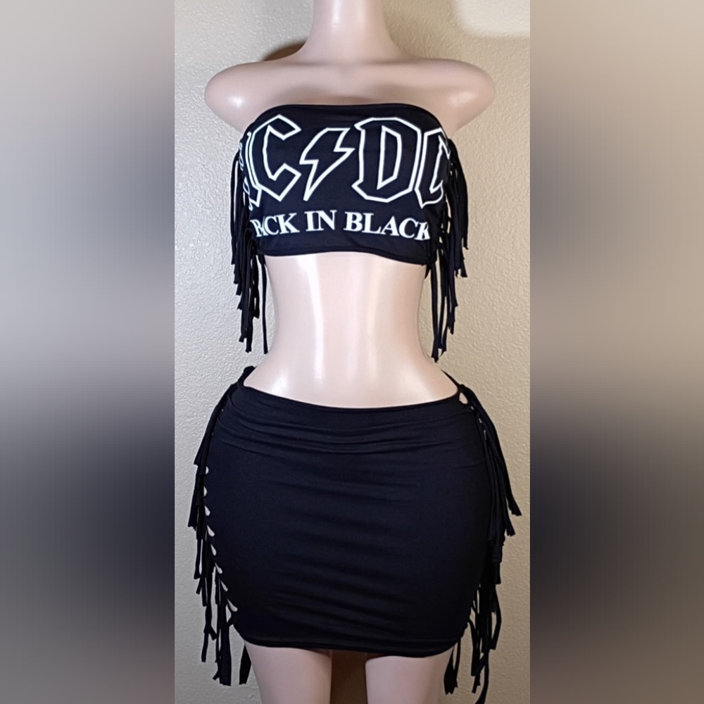 AC/DC Black Custom Fringe Bandeau with Side-Cut Black Mini Skirt - Picture 2 of 4